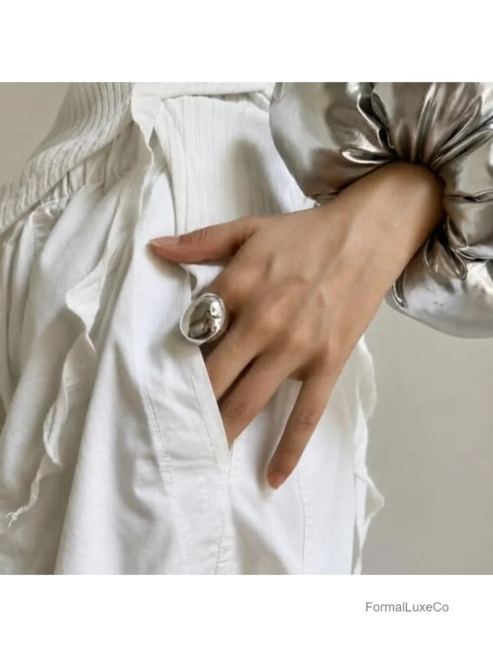 Modern Sculptural Oval Statement Adjustable Open Band Ring, Minimalist Dome